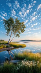 Sunrise over tranquil lake with birch tree