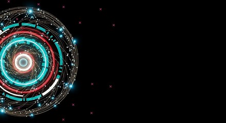 Abstract Futuristic Technology Background: Glowing Circular Interface with Data Streams and Copy Space.