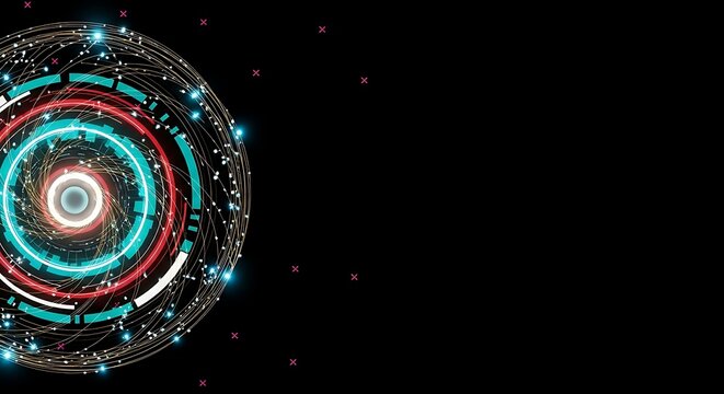Abstract Futuristic Technology Background: Glowing Circular Interface with Data Streams and Copy Space.