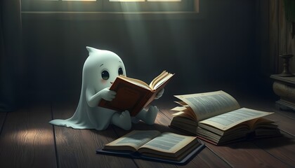 A cartoon ghost sitting on the floor reading a book with other books scattered around it