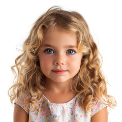 Adorable blonde girl with blue eyes and freckles, wearing a floral dress. background removed