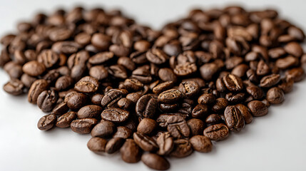 Fototapeta premium Heart-shaped arrangement of roasted coffee beans on a light background, symbolizing love for coffee