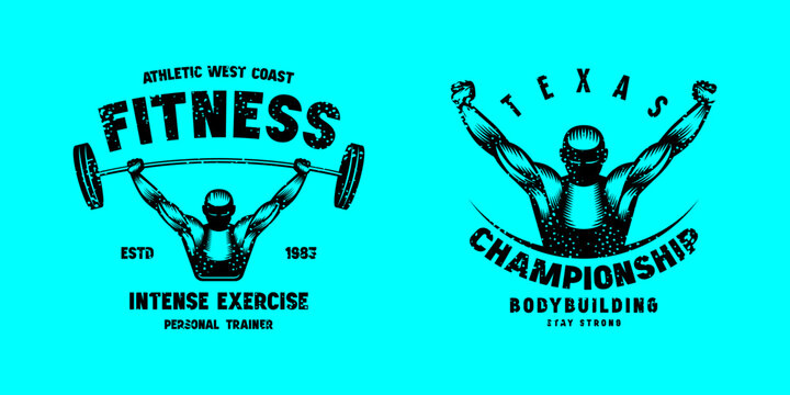 Set of emblems for fitness. Graphic design for t-shirt. Black print on blue background