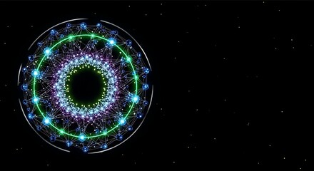 Abstract Neon Network:  Futuristic Circular Data Visualization,  Bright Green and Purple Nodes,  Dark Background.