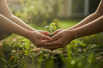 Two sets of hands gently holding a small green plant outdoors