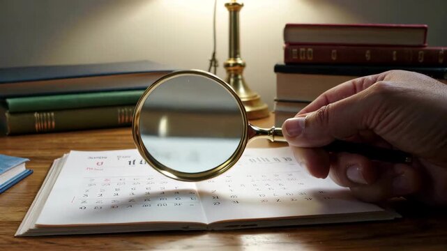 View calendar picture with magnifying glass in hand Calendar under magnifying glass
