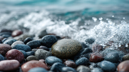 Tranquil shore scene with colorful pebbles and gentle waves. Close-up of stones, splashed by water, creating a serene beachside ambiance.