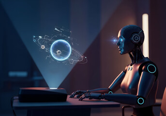 Advanced humanoid robot analyzing complex holographic data projection with glowing blue network connections, representing artificial intelligence and futuristic technology 