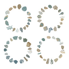 Set of round frames from sea shells and plants. 