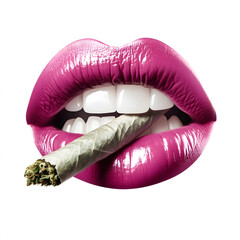 Glossy pink lips biting a cannabis joint, bold weed glamour concept