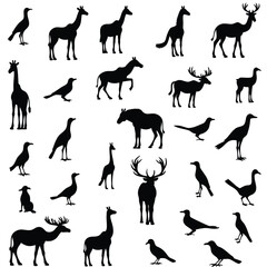 Diverse animal silhouettes including giraffes deer moose and birds vector