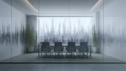 a glass wall with a frosted pattern in a modern office conference room interior