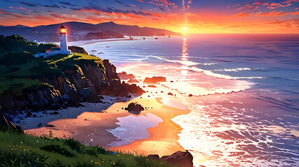 Lighthouse on a cliff overlooking a beach at a beautiful sunset, anime style landscape,4k