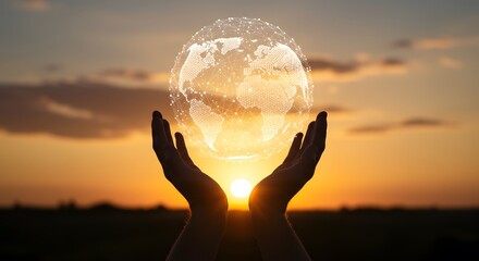 Hands Holding Digital Sphere, Sunset Connectivity Symbol, Technology Meets Nature, Global Network Innovation, Future of Digital Transformation.