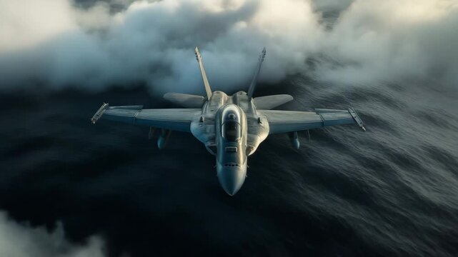 Stunning Flight of a Military Fighter Jet Over the Ocean with Dramatic Clouds