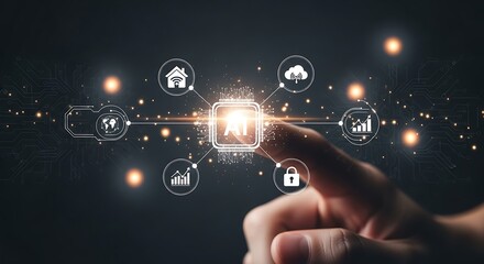 Hand Interacting with Futuristic AI Interface: Global Network, Smart Home, Data Analytics, and Security.