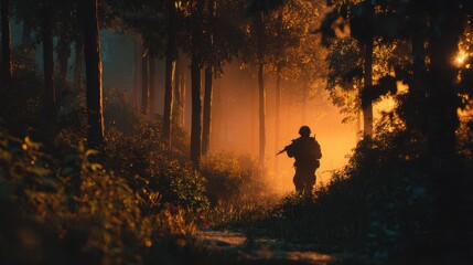 A lone figure of a soldier with a rifle walking away into dense woods at golden hour, cinematic shadows and orange glow.