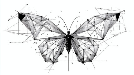 Abstract Butterfly: Geometric design combining nature and technology, black and white digital art, a unique interpretation of organic form.