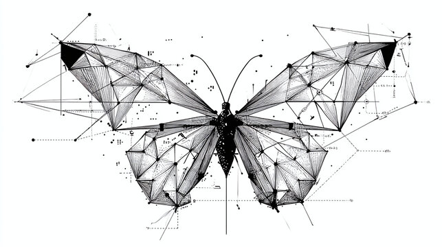 Abstract Butterfly: Geometric design combining nature and technology, black and white digital art, a unique interpretation of organic form.