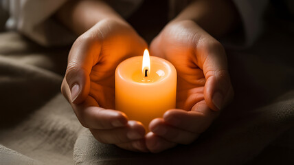 Hands cupping a burning candle in darkness