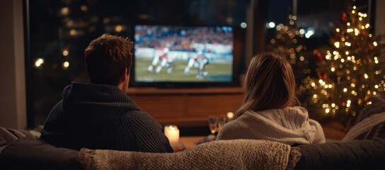 A cozy evening scene shows a couple relaxing on a sofa, watching a game on television with a lit candle and festive Christmas tree.