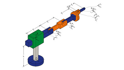 A line drawing showing link frame and coordinates for a robotic arm