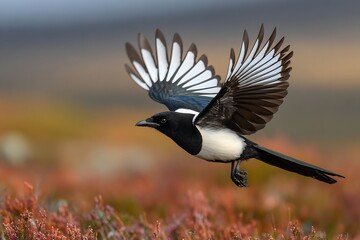 A magpie in flight with its wings spread wide against a blurred background of colorful vegetation