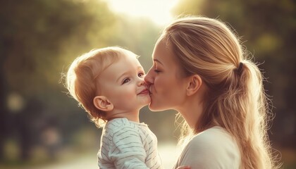 Loving Mother Joyfully Kisses Her Little Son During A Stroll, Expressing Affection And Bonding In A Heartwarming Moment Together.