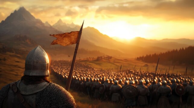 Regal Stand: A medieval warrior, viewed from behind, gazes out at a massive, organized army, marching towards an illuminated mountain range at sunset, flag in the air, anticipation is in the air
