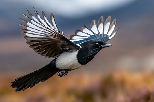 A close up of a magpie in flight with its wings spread against a blurred background outdoors in nature