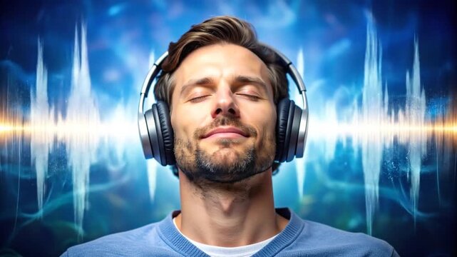 Man listening to music with headphones.  Sound waves surround him