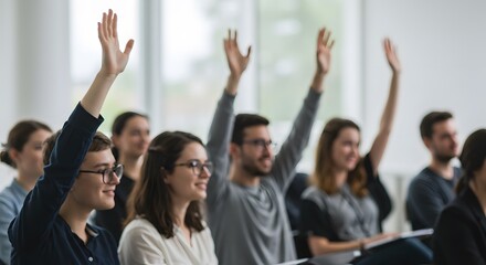 Active Learning Session, Engaged Audience Interaction, Modern Seminar Environment, Collaborative Training Workshop, Educational Participation Moment.