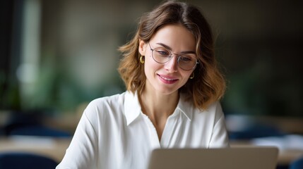 Professional Woman at Work: A focused businesswoman with glasses is engrossed in her laptop, radiating intelligence and modern professionalism in an office setting.