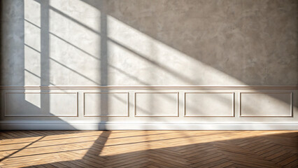 Obraz premium Elegant empty room interior bathed in warm, dramatic sunlight casting geometric shadows on textured walls