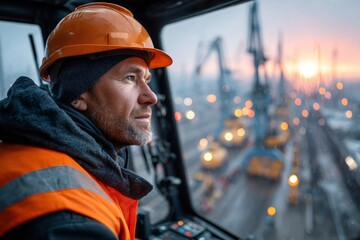 Dock worker wearing hardhat supervising loading operations at a port during sunset