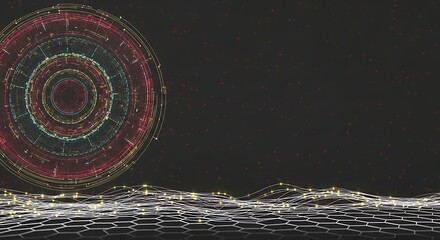 Abstract Futuristic Technology Background:  Dark, Elegant, Network Data Visualization with Glowing Hexagonal Grid and Concentric Circular HUD Element.