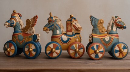 Vintage Wooden Toy Horses with Wheels, Handcrafted Decorative Collectibles Display