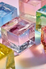 Pastel glass cubes with soft reflections and colorful transparency in sunlight