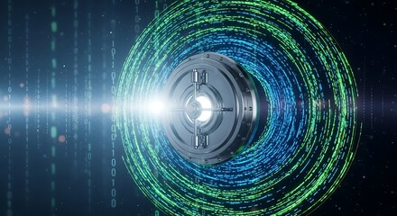 Cybersecurity: Futuristic Bank Vault Door Rotating in Teal and Green Binary Code Stream