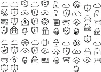 Cyber Security and Data Protection Icon Set – Cloud, Lock, Shield, Network, Email, Cart, Password, and Firewall – Thin Line Vector Icons for Web, App, UI, Tech, and Privacy Design