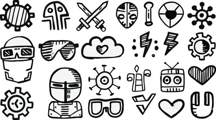 Hand Drawn Doodle Icon Set – Geeky Tech, Gaming, Robot Faces, Hearts, Sunglasses, Swords, Lightning, Masks – Black and White Vector Clipart for Stickers, UI, Comics, and Graphic Design