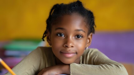 Focused Student: An adorable black student leans on table, smiling softly, with book and pencil beside her in bright classroom setting.