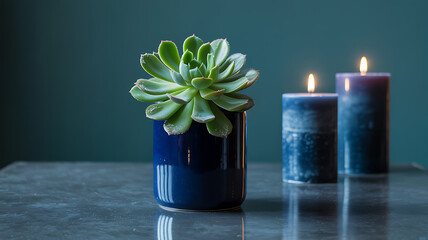 Green succulent plant in a dark blue pot with two lit candles
