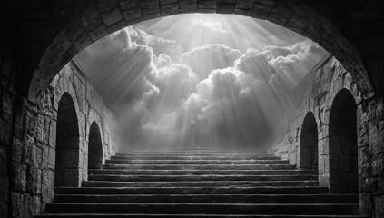 Black and white stairway to heaven clouds sky archway stone architecture