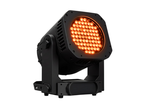 Modern stage lighting fixture with orange led lights isolated on transparent background