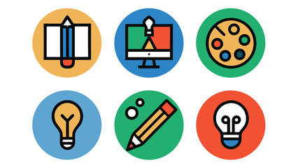 Creative Art and Design Icon Set – Pencil, Paint Palette, Light Bulb, Idea, Digital Drawing, Graphic Tablet, Illustration Tools, Colorful Round Icons for Creativity, Education, and Graphic Design Proj