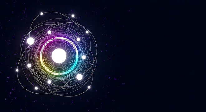 Abstract Futuristic Technology Background:  Neon Rainbow Orbiting System, Dark Space, Digital Innovation Concept. - Powered by Adobe