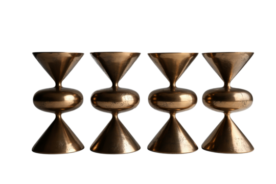 Four retro brass hourglass shaped candle holders on black background
