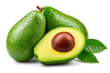 Ripe avocados with seed and leaves isolated on white background