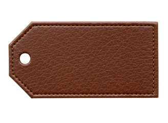 Brown leather luggage tag with hole isolated on transparent background